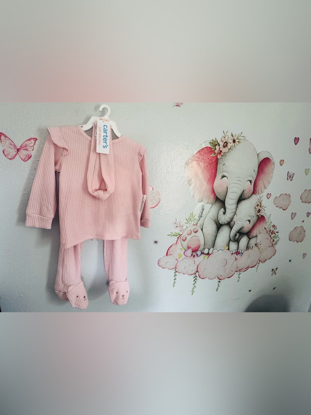 Carter's Light Pink Hooded Waffle Knit Footed Pajama Set